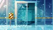 © Mark - Caution sign stand near cracked doors, realistic 3D modern mockup of broken glass elevators closed for repair or maintenance.