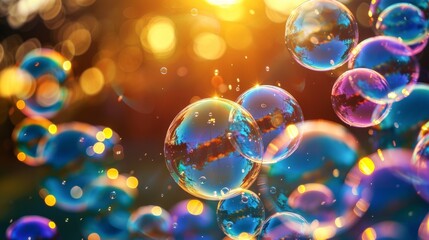 Poster - Close up view of soap bubbles reflecting the suns rays, creating a shimmering effect