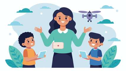 A young girl confidently explaining to her classmates how she programmed her drone to land and take off on its own.. Vector illustration