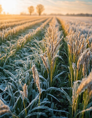 Close-up of young green wheat field with hoar-frost. Early morning spring frost on a wheat field.  Landscape background with young wheat ears covered with snow. Concept of agriculture or farming.