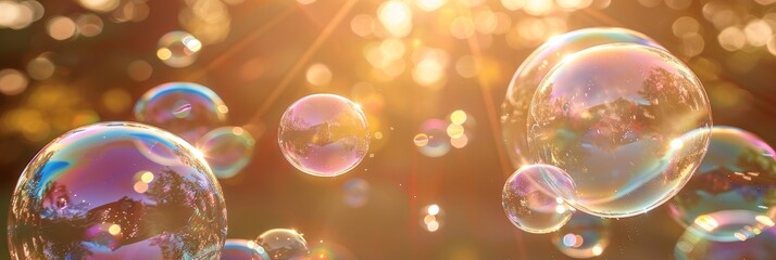 Poster - Multiple soap bubbles of various sizes floating in the air, reflecting light and creating a shimmering effect