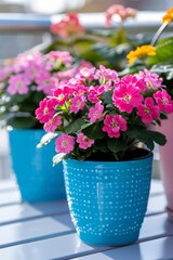 Canvas Print - Bright red geranium flowers blooming in blue pots placed on a balcony railing against the backdrop of a cityscape