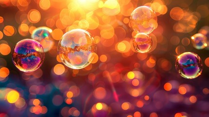 Poster - Multiple soap bubbles of various sizes floating mid-air, reflecting light and colors as they drift with the wind