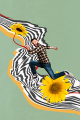 Sticker - Composite 3D photo collage of green color back black white line huge sunflower nature flower young person handsome man run moving left