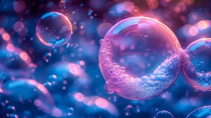 Poster - Close-up view of vibrant soap bubbles floating on a solid blue background