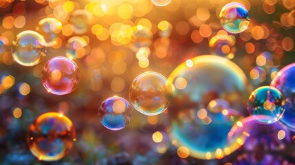 Poster - Bright and vibrant soap bubbles of various colors floating freely in the air