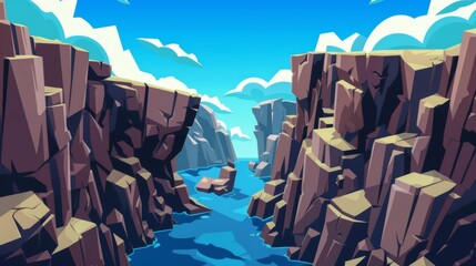 Wall Mural - A dangerous rocky crack, gap or chasm divides a stone ledge in a mountain landscape with a precipice formed in rocks. Modern cartoon illustration of abyss in a canyon or gorge.