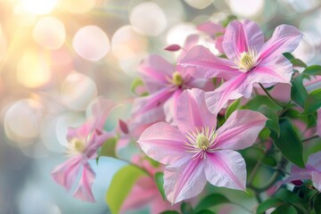 Wall Mural - Close-up of pink clematis flowers with a blurred bokeh background