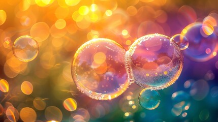 Poster - Close up view of soap bubbles floating on a vibrant and colorful background, creating a dynamic and interesting visual effect
