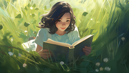 Sticker - A girl is reading a book in a field of grass