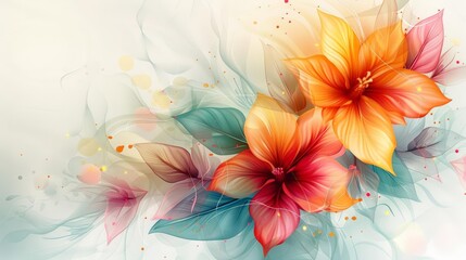 Wall Mural - abstract floral background design featuring a variety of colorful flowers, including pink, orange, yellow, and white blooms, with a green leaf in the foreground
