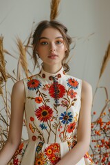 Poster - A woman standing in a white dress adorned with colorful flowers