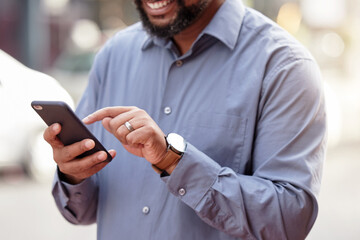 Poster - Outdoor, man and hands with smartphone on internet to search for business opportunity or networking. Browse, entertainment and online for research, connect and communication on mobile app with smile