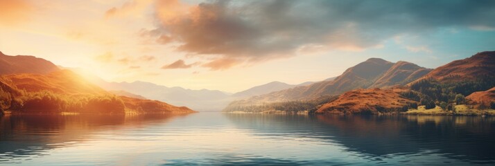 Wall Mural - The sun is casting a golden glow as it sets over a tranquil lake surrounded by trees, creating a serene natural landscape with a calm horizon