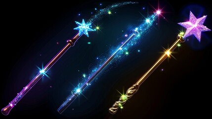 Wall Mural - Isolated objects on black background, realistic 3D modern illustration, wands with blue stars and glowing sparkle trails, gold colored rods with shimmery fairy dust, set of multi-colored icons on