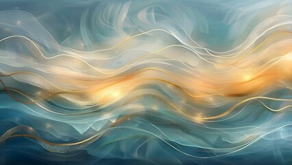 whimsical ocean waves painting with teal gold swirls for childrens book. concept ocean waves, childr