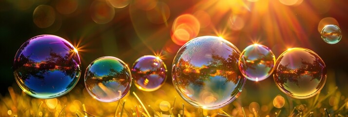 Poster - Soap bubbles float in lush green grass with the sun shining through them, creating a beautiful and magical scene
