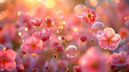 Canvas Print - Pink flowers are in focus with bubbles floating in the background