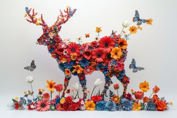 Poster - A sculpted deer shape created entirely from a variety of colorful flowers and delicate butterflies