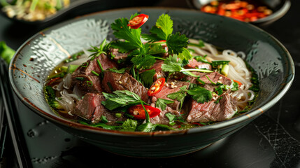 Wall Mural - Elegantly presented beef noodle soup with chili and parsley garnish