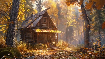 Wall Mural - In the autumn forest landscape, a wooden cottage stands in the distance