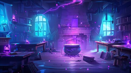 Wall Mural - The magic school classroom at night with the cauldron