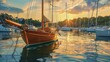 A fleet of traditional wooden sailboats anchored in a sheltered bay,with the warm glow of sunset illuminating the tranquil waters