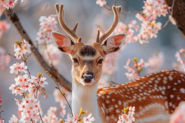 Poster - A deer is standing amongst a field of blooming cherry blossoms