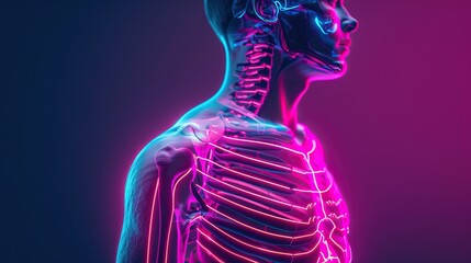 Wall Mural - A medical Xray of a mans chest, detailed with the spine and clavicles, vividly outlined with neon lighting to emphasize the anatomical structure in a visually captivating way