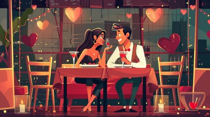 An illustration of a restaurant interior with a dining table, chairs, and candles for a Valentine's Day poster.