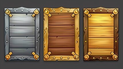 Canvas Print - An illustration of wood boards, gold menu buttons, and wood sliders for an UI game. Illustration of metal banners, golden menu buttons, and wood sliders isolated on dark background.