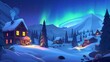 In winter time, a lush mountain landscape is illuminated by aurora borealis polar lights. A ski resort settlement is surrounded by spruce trees and snowy peaks, a modern illustration of a winter