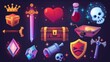 Isolated UI Modern Elements of knight shield, witch potion, golden coin, king crown, glowing heart, sword, and diamond.