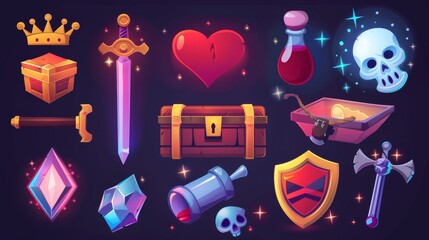 Wall Mural - Isolated UI Modern Elements of knight shield, witch potion, golden coin, king crown, glowing heart, sword, and diamond.