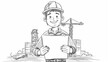 A doodle concept with an architect worker holding a blueprint. An engineer is wearing a helmet with a compass, pencil, crane in his hands. An art modern illustration depicts an engineer with a