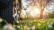 © Ajay - Car parked in the park with blooming flowers. Selective focus. copy space.