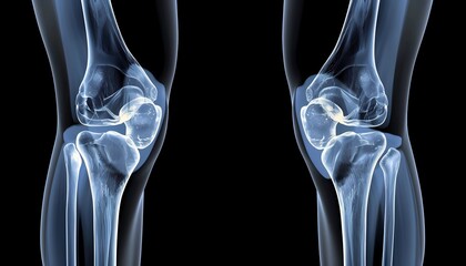 X-ray of human knee joint views of the femur, patella, and tibia Concept of orthopedic health, joint diagnostics, and advanced medical education 