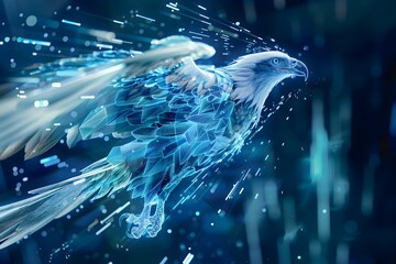 Wall Mural - A blue and white eagle with its wings spread out. The eagle is flying through a stormy sky