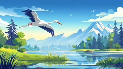 Wall Mural - Flying white stork above lake in the morning. Modern illustration of rural landscape with green grass on river bank and coniferous trees.