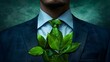 A businessman wearing a suit with a tie made of green leaves promotes sustainability. Concept Eco-Friendly Fashion, Green Business Practices, Sustainable Lifestyle, Environmental Awareness