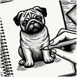 person draws a pug in a notebook sketch