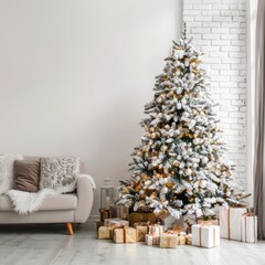 christmas tree with a white background and a few gifts placed under