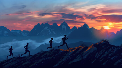 all ages and backgrounds participating in a marathon at dawn, their silhouettes blending together as