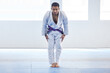 © peopleimages.com - Man, bow and respect in karate for sport in fitness center for self defense, fighting and discipline. Pro athlete, champion and ready to fight with martial arts, practice and wellness for competition