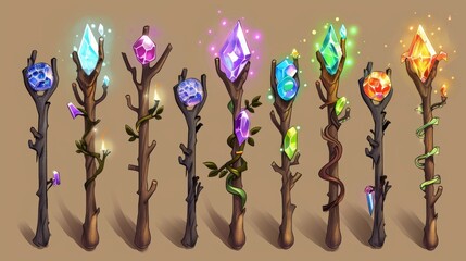Wall Mural - An ancient crooked wooden stick with glowing colored gems on top is a cartoon illustration set of magic staffs symbolizing wisdom, evil power, and mystical ability.
