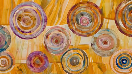 Aufkleber - A painting featuring numerous vibrant circles in various sizes and colors set against a bright yellow background