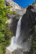 Lower Yosemite Fall. In June 2023, Yosemite Falls was at peak flow due to record snowfall. The thunderous lower fall was photographed from the fall's base in Yosemite Valley.  