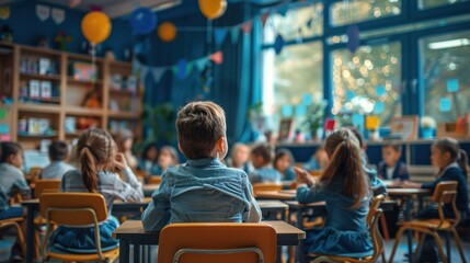 Wall Mural - An elementary school student in a classroom filled with CGI technology overlays shows how AI can contribute to a personalized learning experience and efficiency with the education system.