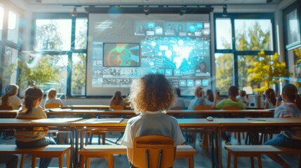 An elementary school student in a classroom filled with CGI technology overlays shows how AI can contribute to a personalized learning experience and efficiency with the education system.