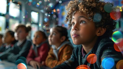 A close-up of an elementary school student in a classroom with CGI technology shows how AI can contribute to a personalized learning experience and efficiency in the education system.